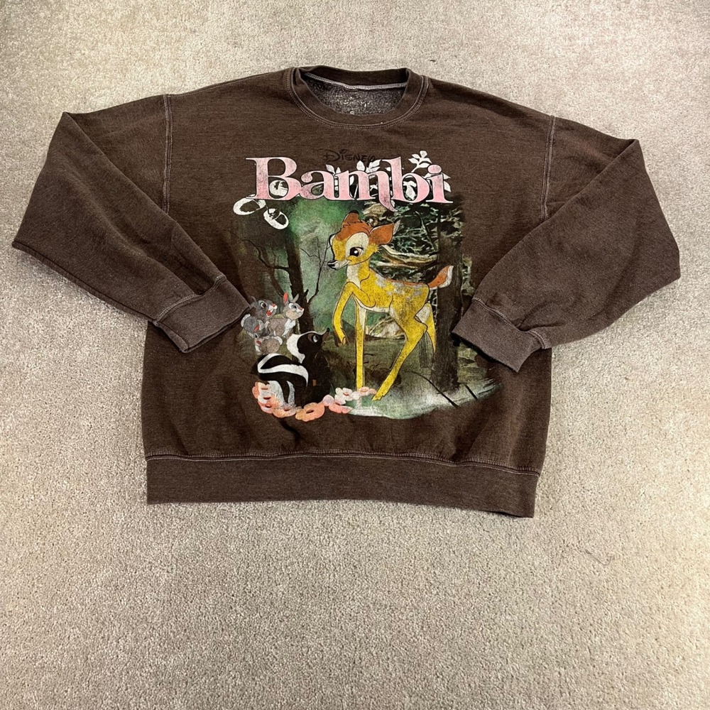 Disney Bambi Sweatshirt Womens Small Brown Graphic Pullover Fleece Relaxed Fit